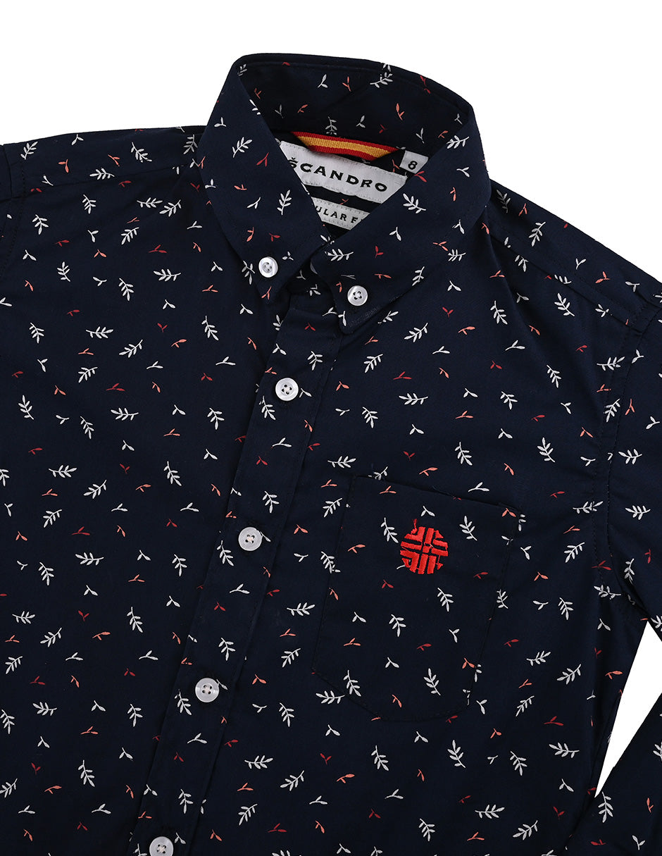 Camisa azul marino- elementos hojas - niño ML